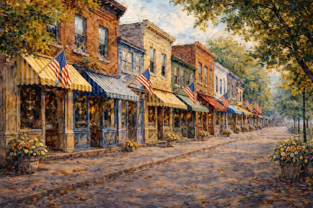 Row of downtown storefronts with American flags and flowers in front